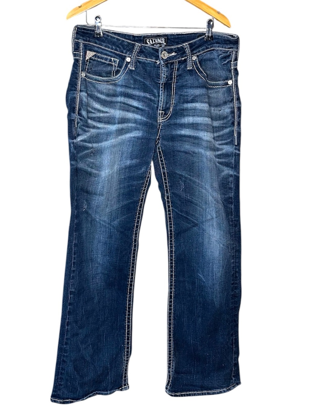 💚Salvage Supply Co Max Bootcut Jeans Dark Wash Distressed Stretch Denim